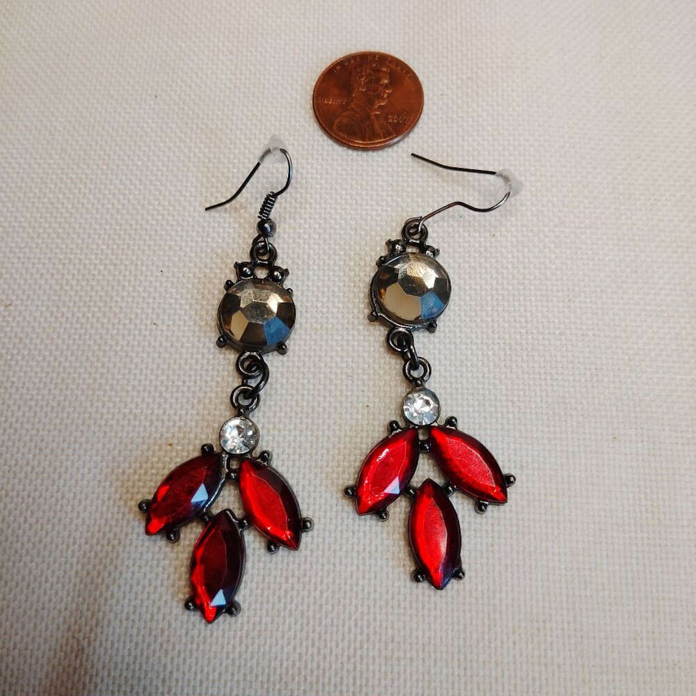 Gunmetal Red Marquise Dangle Earrings 3 Inch Statement Drop